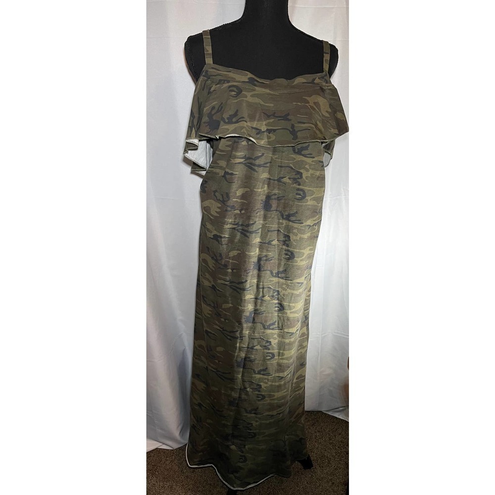 Nwt Milan Kiss Green Camo Womens Med Maxi Dress Top Ruffle & Spaghetti Straps